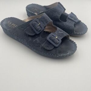 Women's LA PLUME Primo Blue Tooled Leather Slide Sandal EU‎ 39 US 8.5 ITALY